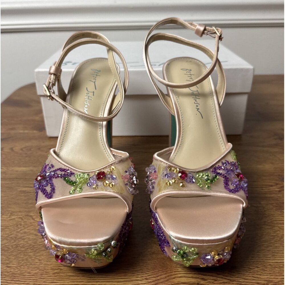 Betsey Johnson Pink Beaded Floral Platform Sandals